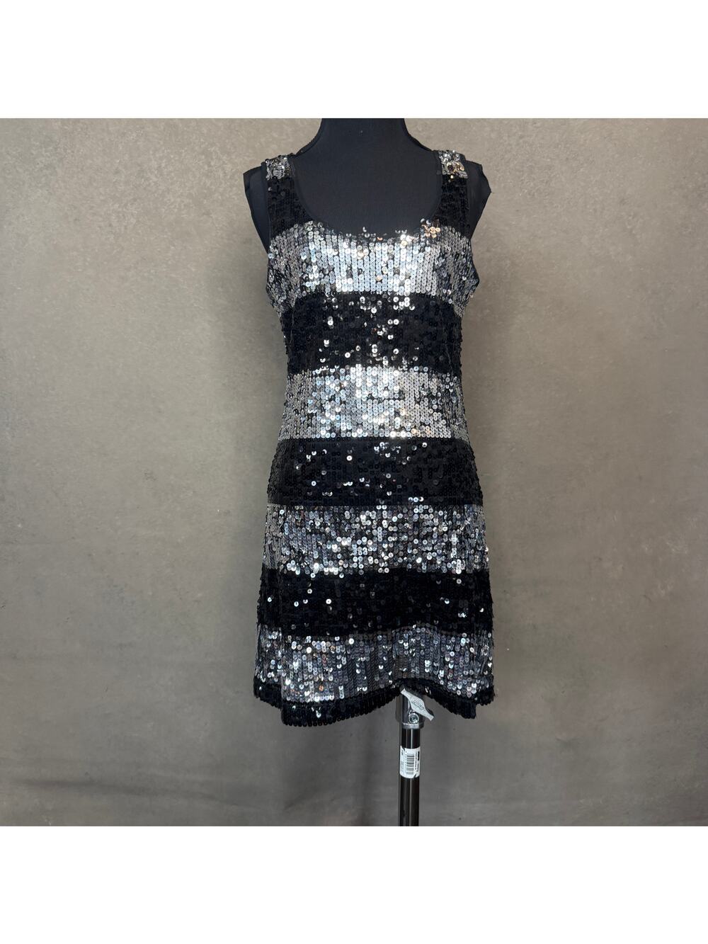 XXI Forever 21 Black Silver Stripe Sequin Mini Dress L Sleeveless Party